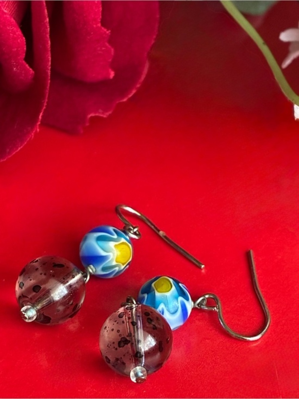 Blue & Brown Glass Bead Drop Earrings - Unbranded